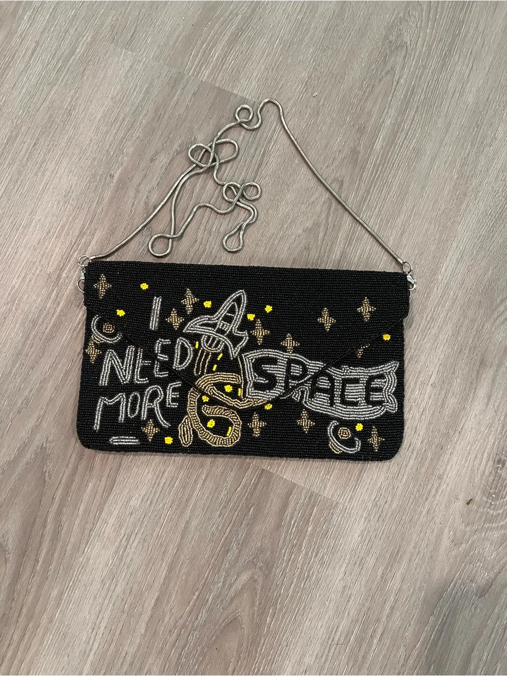 Black Beaded 'I Need More Space' Evening Clutch